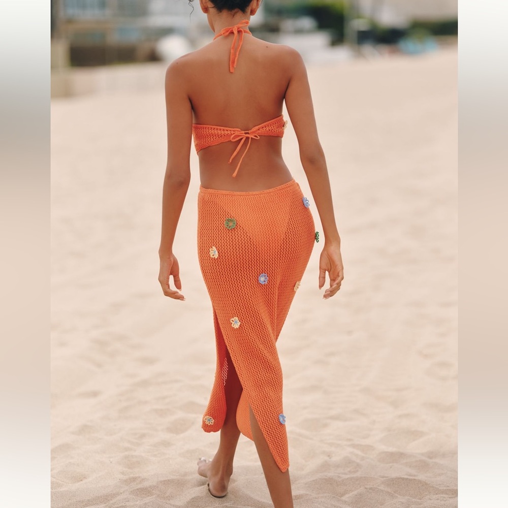 Anthropologie Celandine Crochet Halter Cover-Up Dress Orange Flowers SMALL NEW - Picture 4 of 8